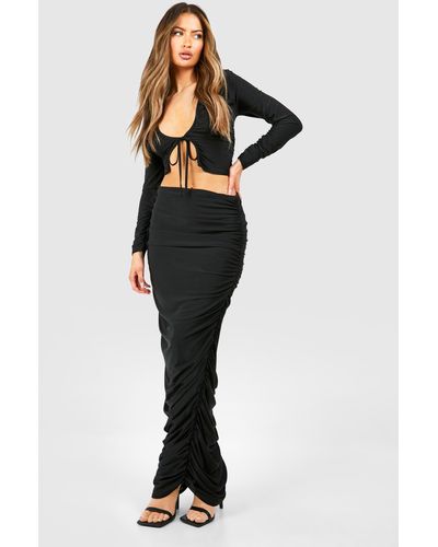 Black Slinky Ruched Front Long Sleeve Crop Top