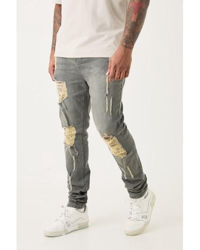 BoohooMAN Plus Super Skinny Stretch Multi Rip Stacked Jeans - Grau