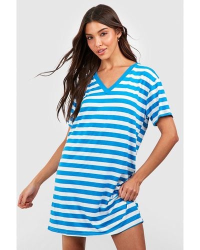 Boohoo Oversized V Neck Striped T-shirt Beach Dress - Blue