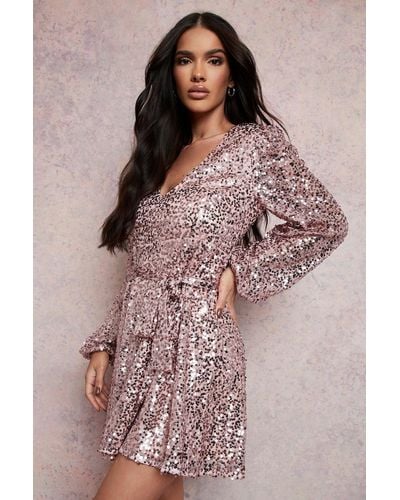 Boohoo Sequin Plunge Blouson Sleeve Skater Party Dress - Pink