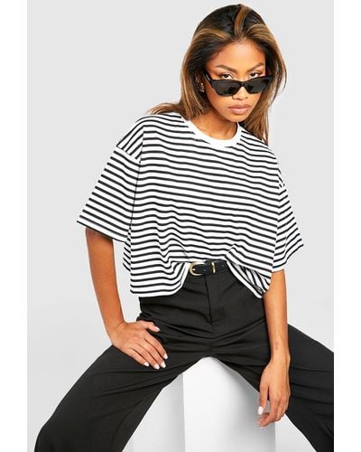 Boohoo Basic Cotton Boxy Cropped Striped T-shirt - Grey