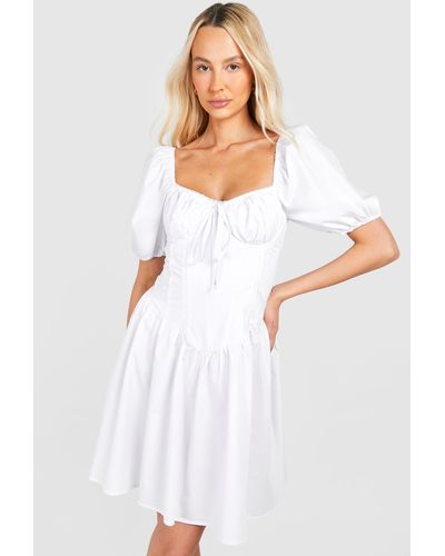 Boohoo Tall Woven Puff Sleeve Milkmaid Mini Dress - White
