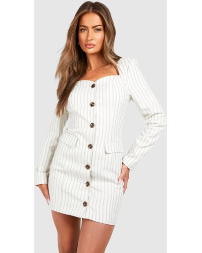 Boohoo Linen Look Mono Stripe Square Neck Mini Dress - Blanco