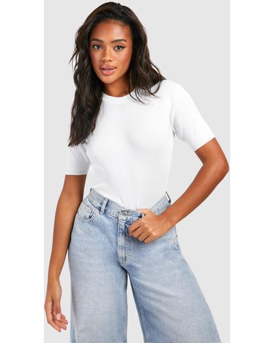 Boohoo Rib Knit Crew Neck Short Sleeve Knitted Top - White