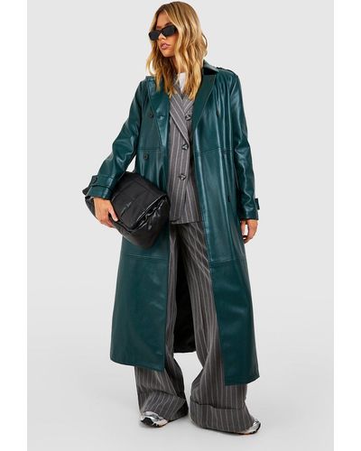 Boohoo Belted Faux Leather Trench Coat - Green