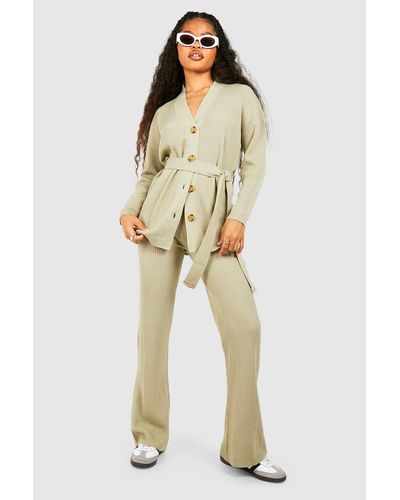 Boohoo Petite Slouchy Belted Cardigan And Wide Leg Knit Set - Natural