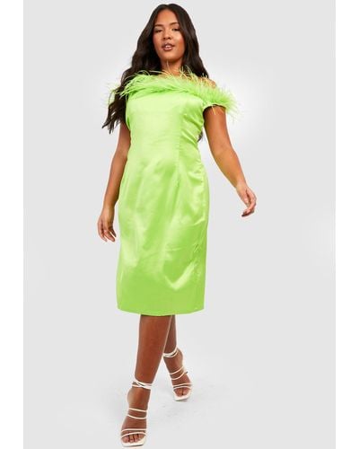 Boohoo Plus Satin Feather Midi Dress - Green