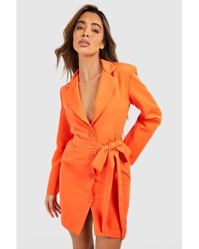 Boohoo Tie Waist Blazer Dress - Orange