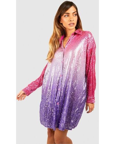 Boohoo Sequin Ombre Oversized Shirt Party Dress - Red