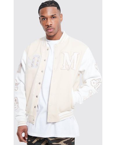 BoohooMAN Boxy M Jersey Varsity Jacket - White