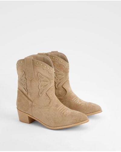 Boohoo Studded Calf High Western Cowboy Boots - Natural