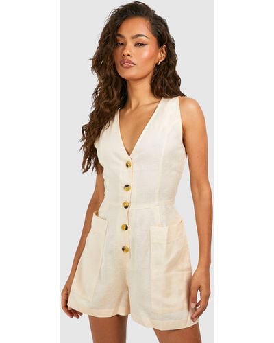 Boohoo Linen Look Button Front Romper - White