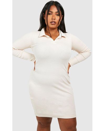 Boohoo Plus Rib Collared Long Sleeve Bodycon Dress - White