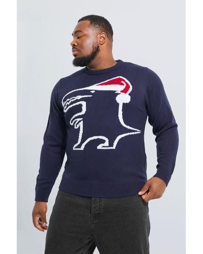 BoohooMAN Plus Dino Stencil Christmas Sweater - Blue