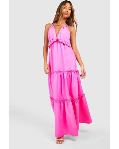 Boohoo Halterneck Tiered Maxi Dress - Pink