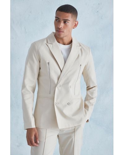 BoohooMAN Slim Fit Double Breasted Zip Suit Jacket - White
