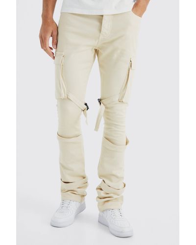 BoohooMAN Tall Fixed Waist Skinny Stacked Flare Strap Cargo Trouser - Natural