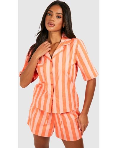 Boohoo Cotton Poplin Tonal Stripe Short Sleeve Shirt - Orange