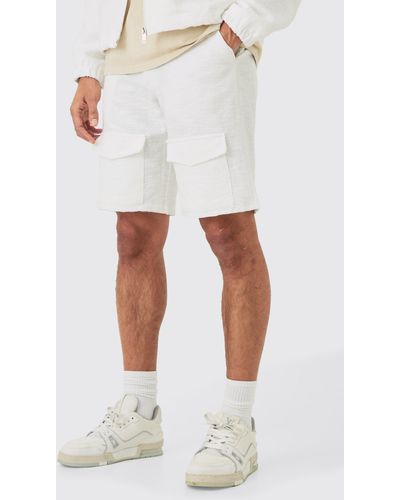BoohooMAN Textured Cotton Jacquard Smart Cargo Shorts - Weiß