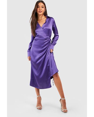 Boohoo Satin Wrap Shirt Midaxi Dress - Purple