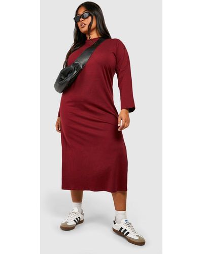 Boohoo Plus Cotton Long Sleeve Split Midaxi Dress - Red