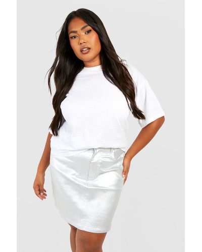 Boohoo Plus Metallic Coated Denim Mini Skirt - White