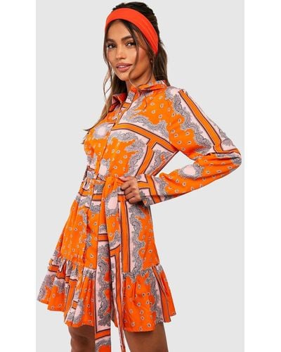 Boohoo Paisley Print Ruffle Hem Shirt Dress - Orange