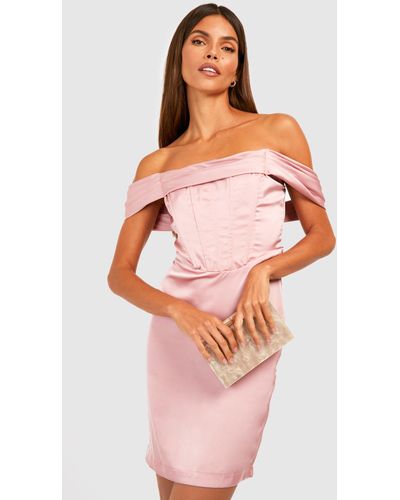 Satin Corset Off The Shoulder Drape Midi Dress