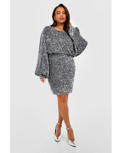 Boohoo Plus Oversized Blouson Sleeve Sequin Mini Dress - Gray