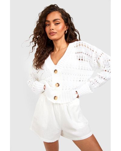 Boohoo Crochet Button Through Crop Cardigan - White