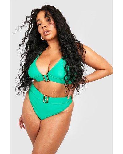 Boohoo Plus Buckle High Waist Bikini - Green