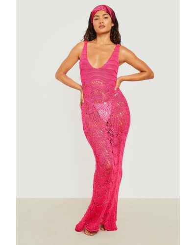Boohoo Crochet Scallop Scoop Beach Dress - Pink