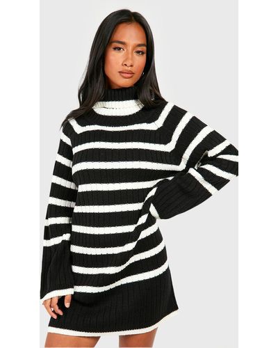 Boohoo Petite Roll Neck Wide Sleeve Stripe Sweater Dress - Black