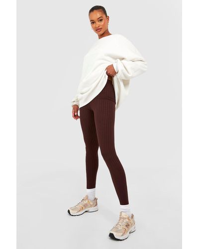 Boohoo Tall Thick Ribbed Mid Rise Basic Leggings - Brown