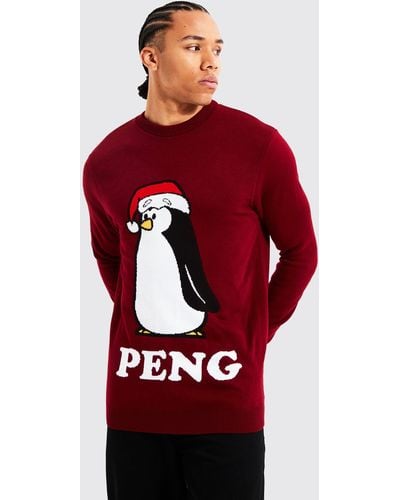BoohooMAN Tall Peng Novelty Christmas Sweater - Red