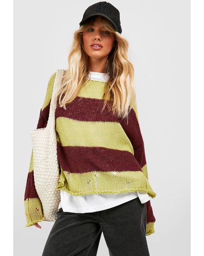 Boohoo Soft Knit Distressed Slouchy Stripe Sweater - Green