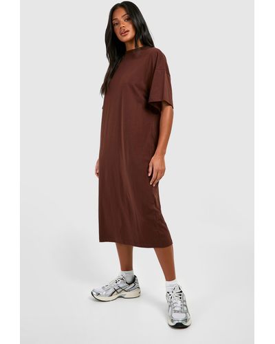 Boohoo Cotton Super Oversized Midi T-shirt Dress - Brown