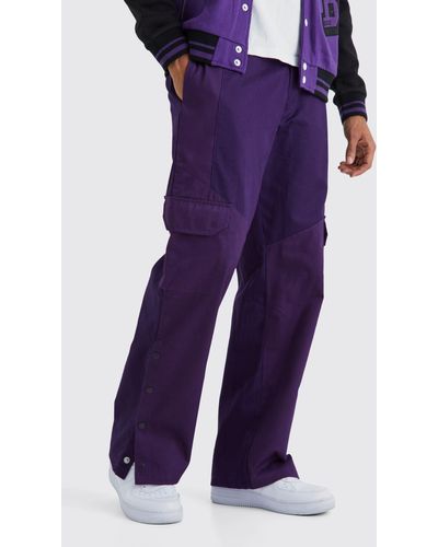 BoohooMAN Slim Fit Color Block Cargo Trouser With Woven Tab - Purple