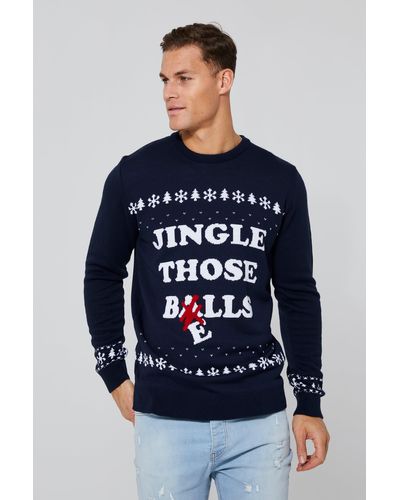 BoohooMAN Tall Jingle Those Bells Christmas Sweater - Blue
