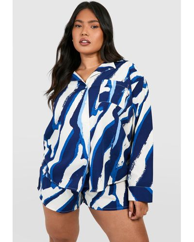 Boohoo Plus Woven Zebra Print Long Sleeve Shirt & Short Co-ord - Blue