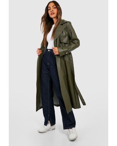 Boohoo Faux Leather Trench Coat - Green
