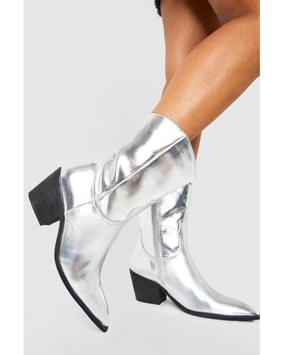 Boohoo Wide Fit Metallic Western Ankle Cowboy Boots - White