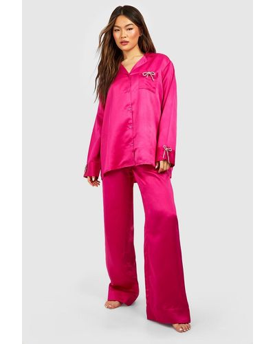 Boohoo Premium Diamante Bow Shirt And Wide Leg Pyjama Set - Pink