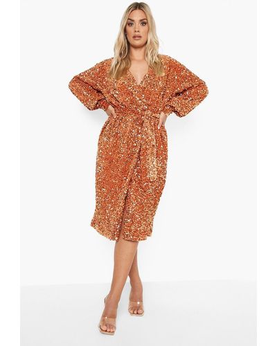 Boohoo Plus Velvet Sequin Wrap Midi Dress - Orange