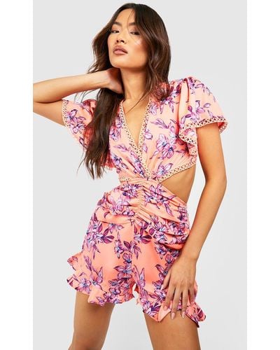 Boohoo Floral Print Cut Out Romper - Red