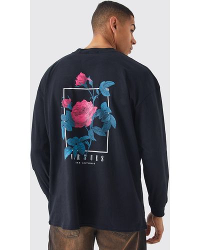 BoohooMAN Langärmliges Oversize T-Shirt mit Virtues-Print - Blau