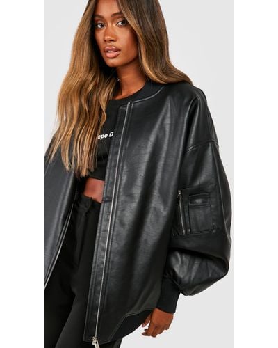 Boohoo Chaqueta Bomber Oversize De Cuero Sintético - Negro