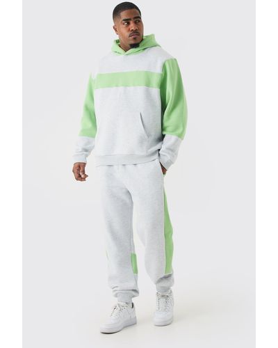 BoohooMAN Plus Colour Block Panel Hooded Tracksuit In Grey - Grün