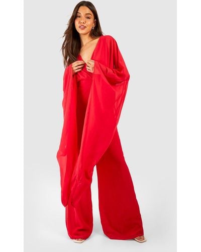 Boohoo Chiffon Wrap Cape Sleeve Jumpsuit - Red
