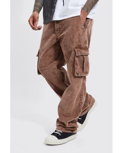 Boohoo Acid Wash Relaxed Fit Cargo Pants - Brown